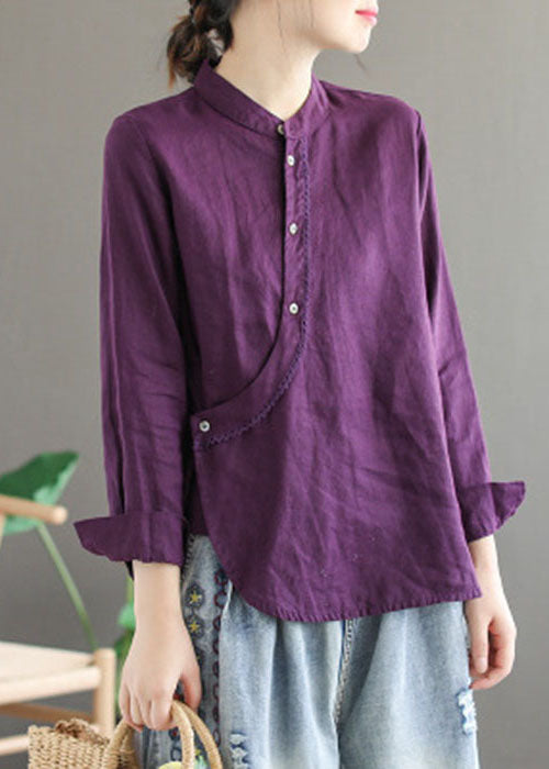 Purple Stand Collar Lace Patchwork Linen Shirt Tops Long Sleeve
