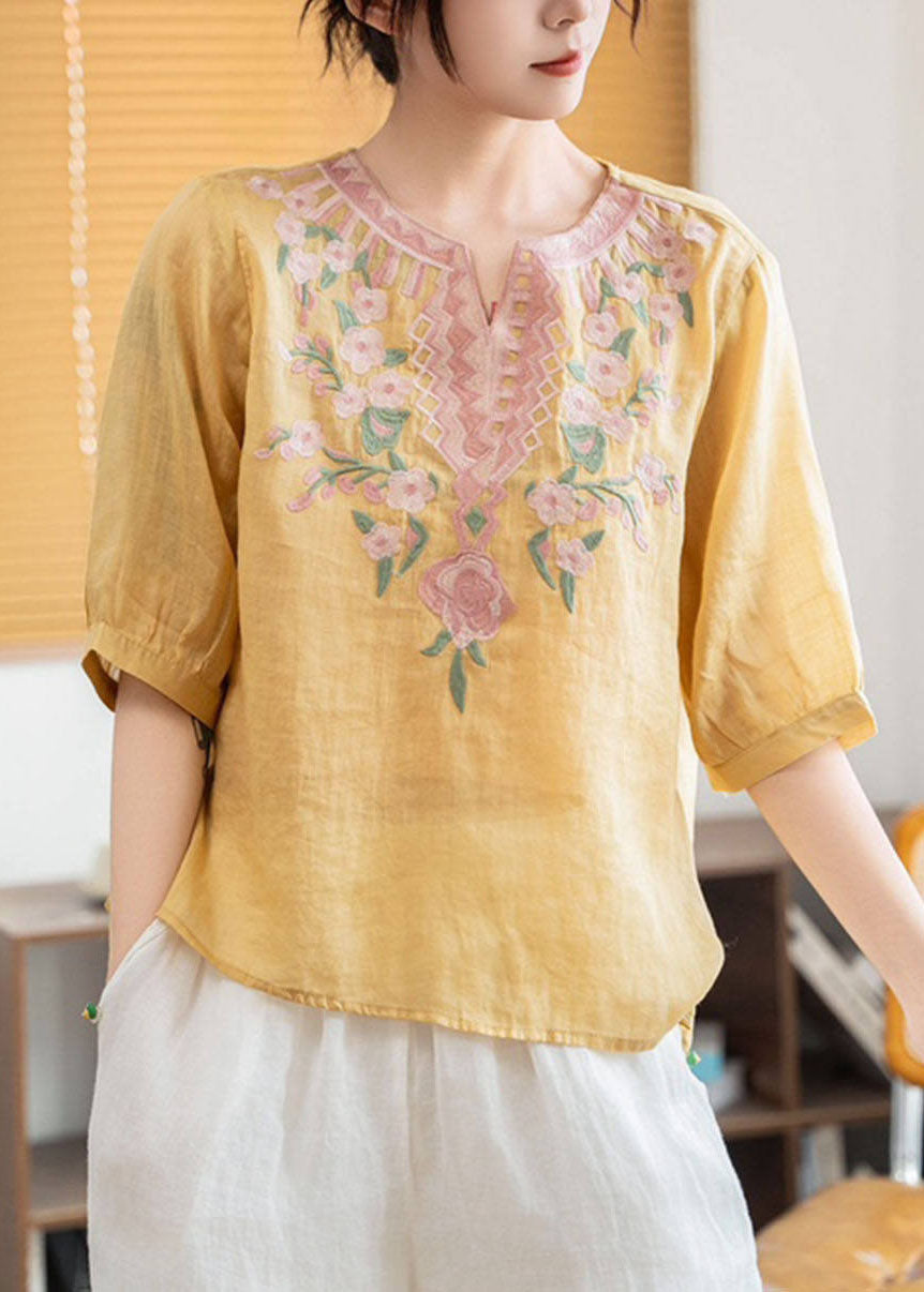 Green Stand Collar Embroidered Linen Blouses Summer