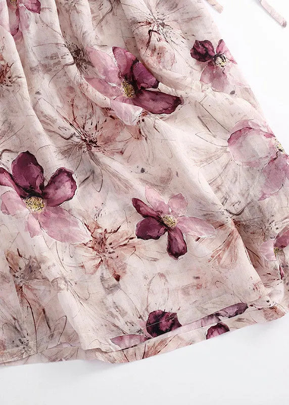 Fine O-neck Print Wrinkled Linen Long Dress Summer