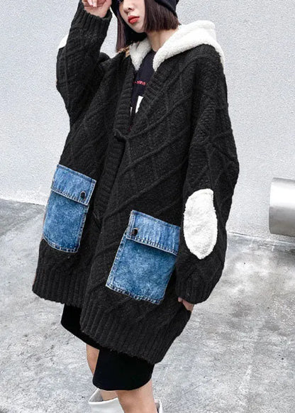 Unique Chocolate Hooded Patchwork Pockets Fall Sweaters Coat