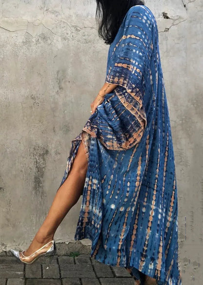 Blue V Neck Tie Dye Cotton Vacation Dresses Summer
