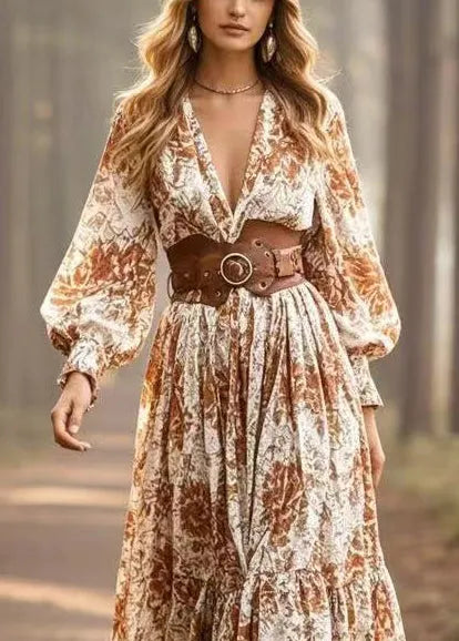 Khaki Cinched Print Cotton Maxi Dresses Spring