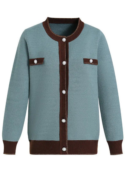 Stylish Orange O-neck Patchwork Pearl Button Knit Jackets Long Sleeve