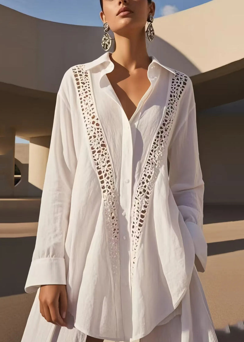 White Oversized Patchwork Hollow Out Cotton Shirts Spring