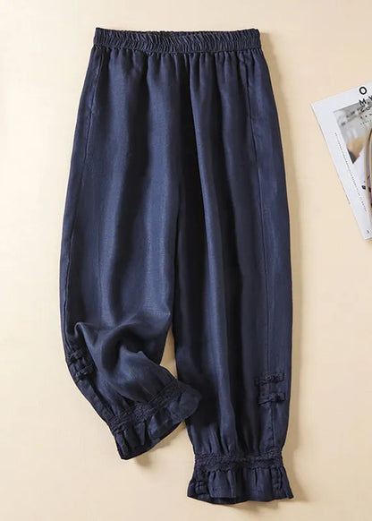 Linen Lace Button Elastic Waist Harem Pants Summer