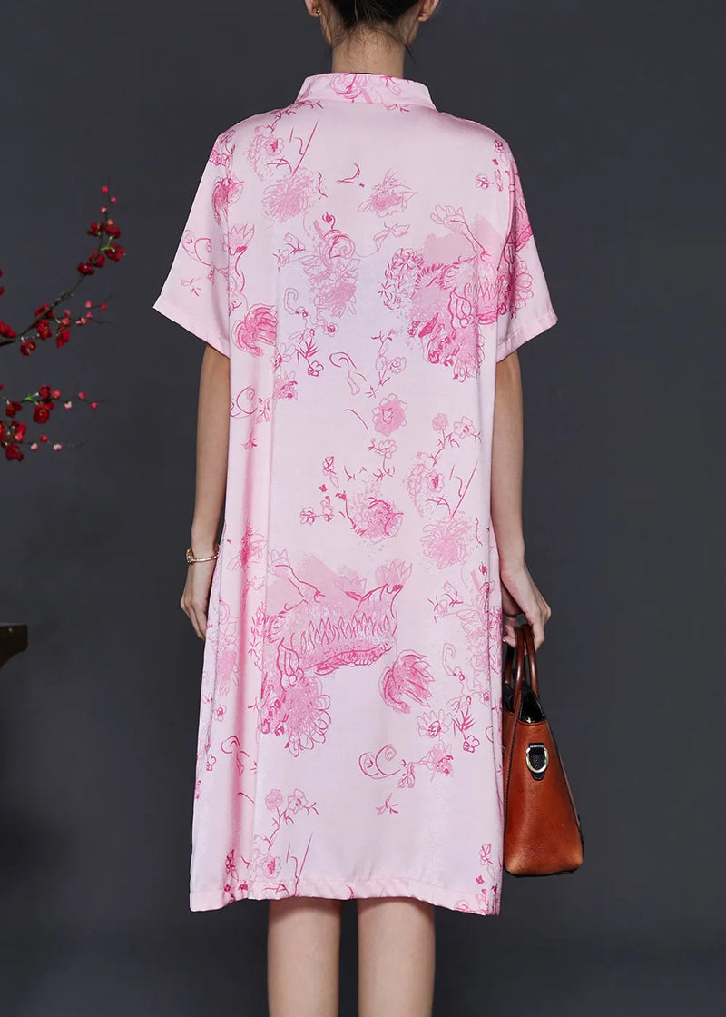 Pink Mandarin Collar Print Silk Dresses Summer