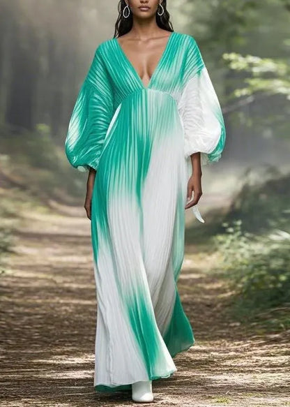 Gradient Color V Neck Wrinkled Chiffon Long Dress Spring