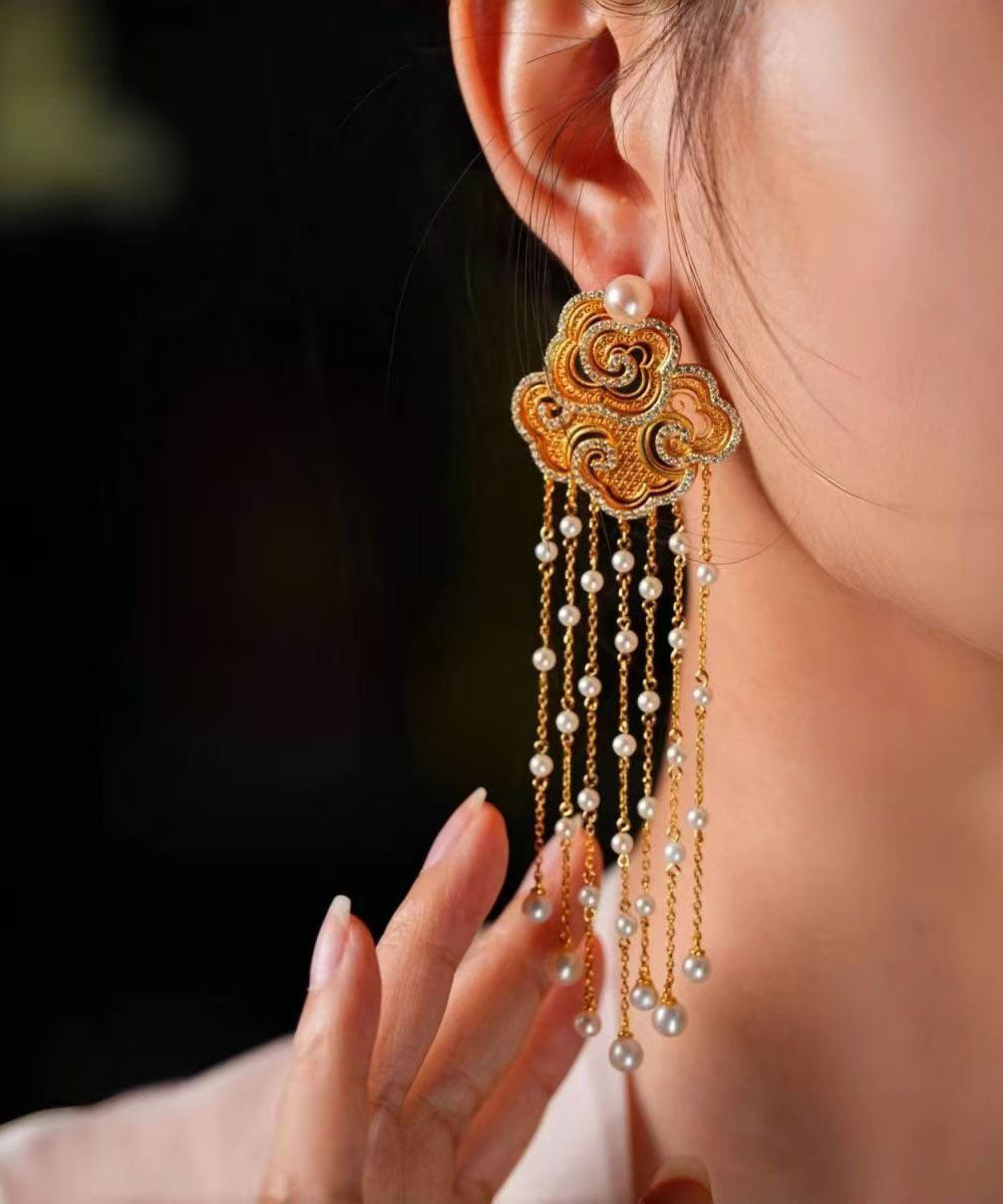 Gold Sterling Silver Overgild Zircon Auspicious Clouds Pearl Tassel Drop Earrings