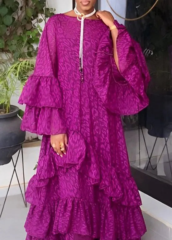 Purple Ruffled Flared Sleeve O-neck Long Dress