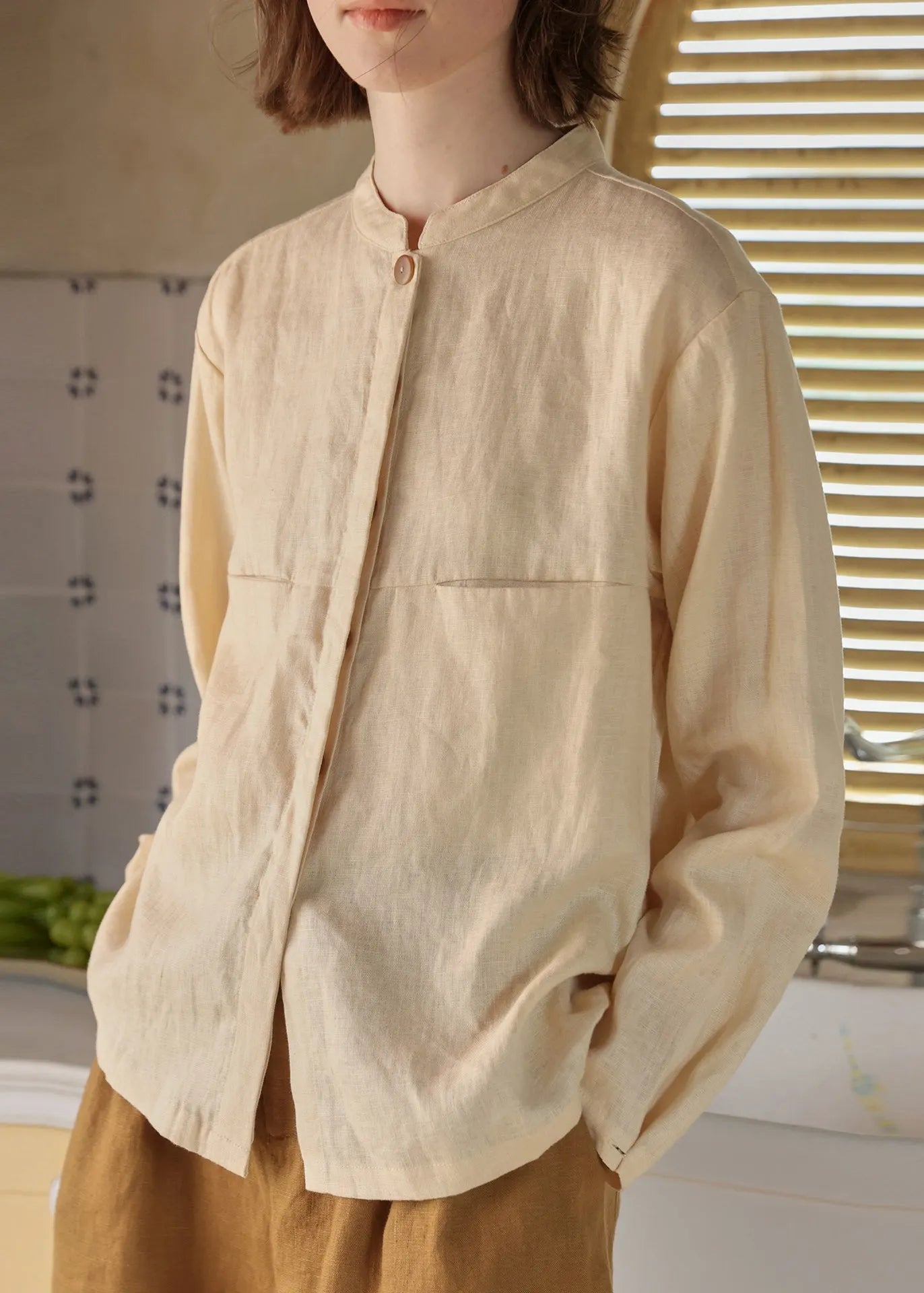 Chinese Style Apricot Stand Collar Linen Shirts Spring