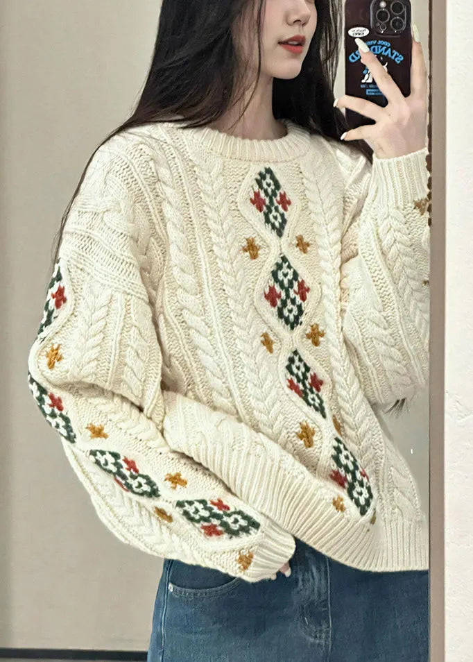 Loose Beige O Neck Plaid Cable Knitted Cotton Sweater Spring