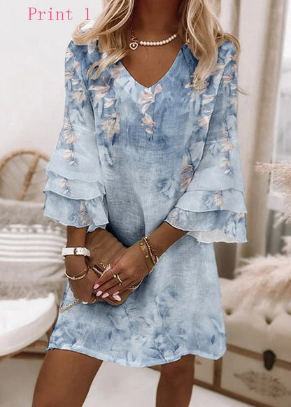 V Neck Print Cotton Mid Dresses Flare Sleeve