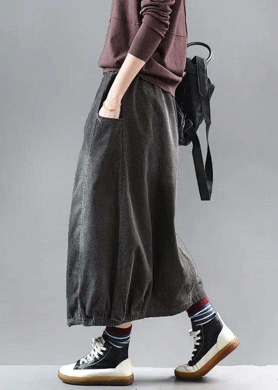 Grey Black Wrinkled Patchwork Corduroy Skirts Spring