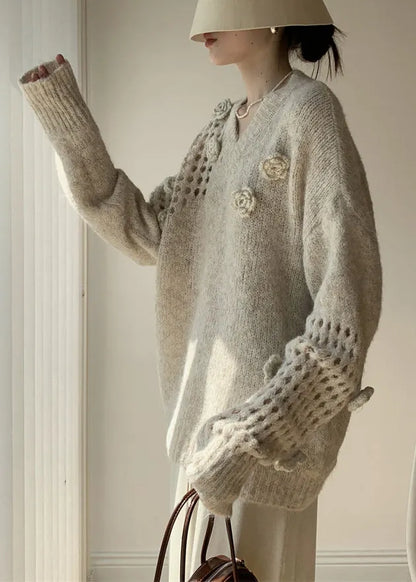 Apricot V Neck Hollow Out Cotton Knit Sweater Winter