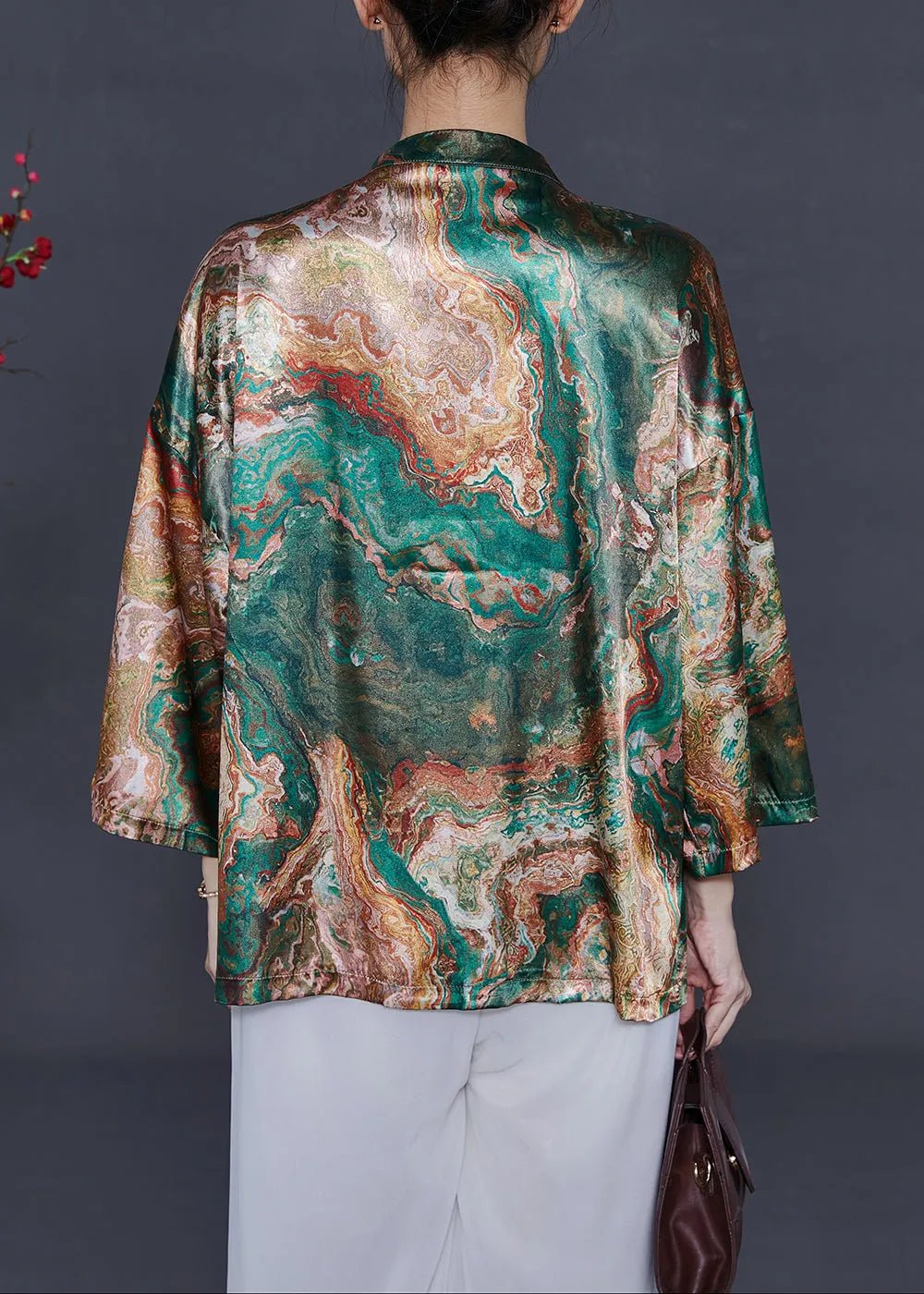 Stand Collar Print Silk Shirt Bracelet Sleeve