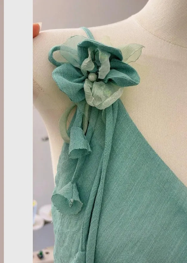 Green Asymmetrical Lace Up Cotton Long Dress Sleeveless