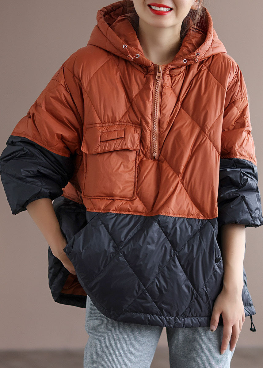 Orange Patchwork Black Hooded Loose Winter Down Coat