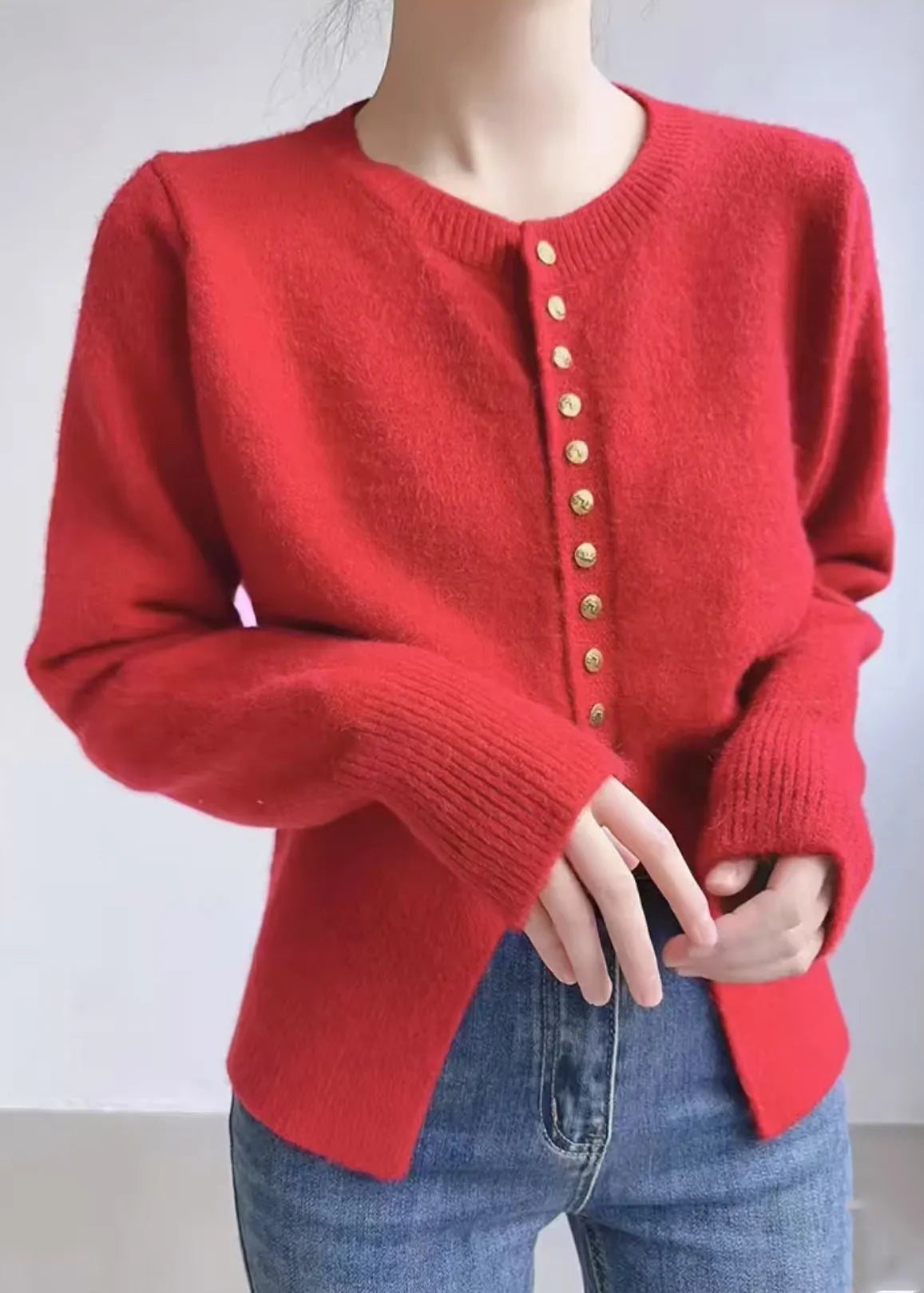 Red O Neck Button Knit Coats Spring