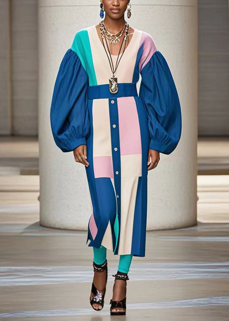 Blue O-neck Patchwork Cotton Dresses Lantern Sleeve