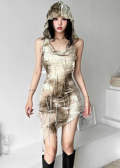 Style Khaki Asymmetrical Tie Dye Hooded Dresses Sleeveless