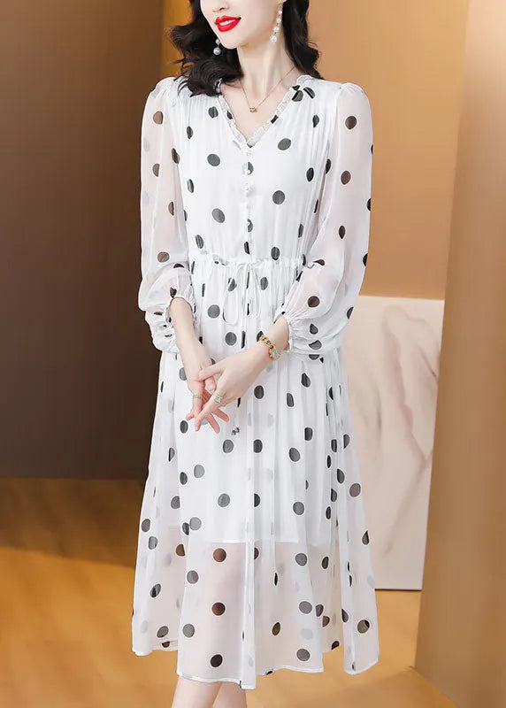 White V Neck Print Drawstring Chiffon Dress Lantern Sleeve