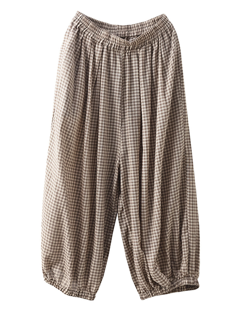 Summer Plaid Cotton Harem Pants