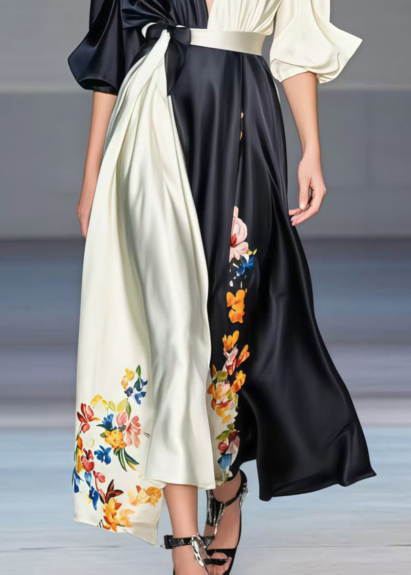 Black Asymmetrical Patchwork Print Silk Dress Spring