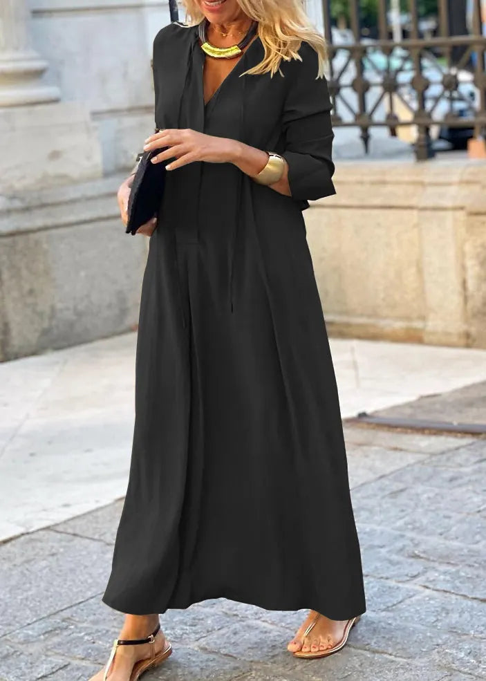 Simple Royal Blue V Neck Cotton Long Dress Fall