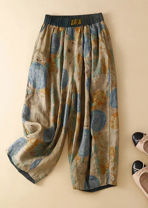 Green Pockets Elastic Waist Print Harem Pants Summer