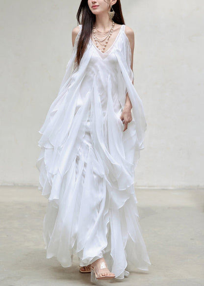 Italian White V Neck Layered Ruffled Silk Long Dresses Sleeveless