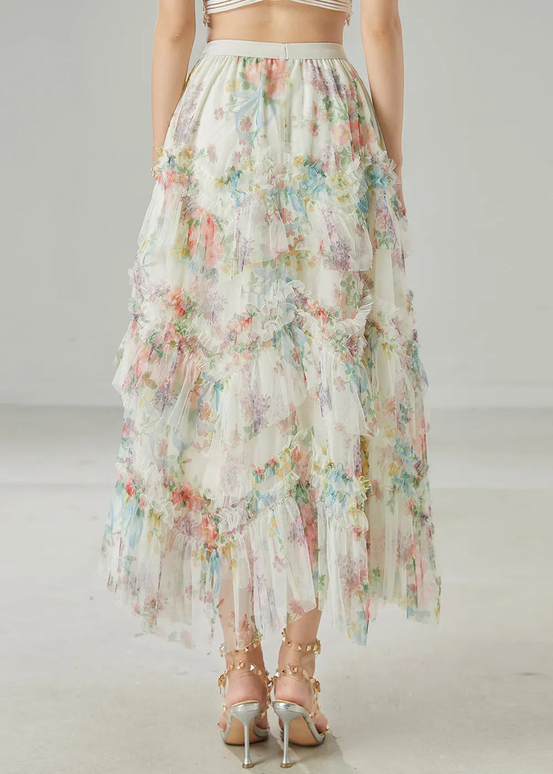 Modern White Ruffled Print Tulle Beach Skirt Summer