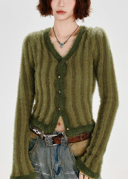 Green V Neck Striped Fuzzy Fur Fluffy Knit Cardigans Winter