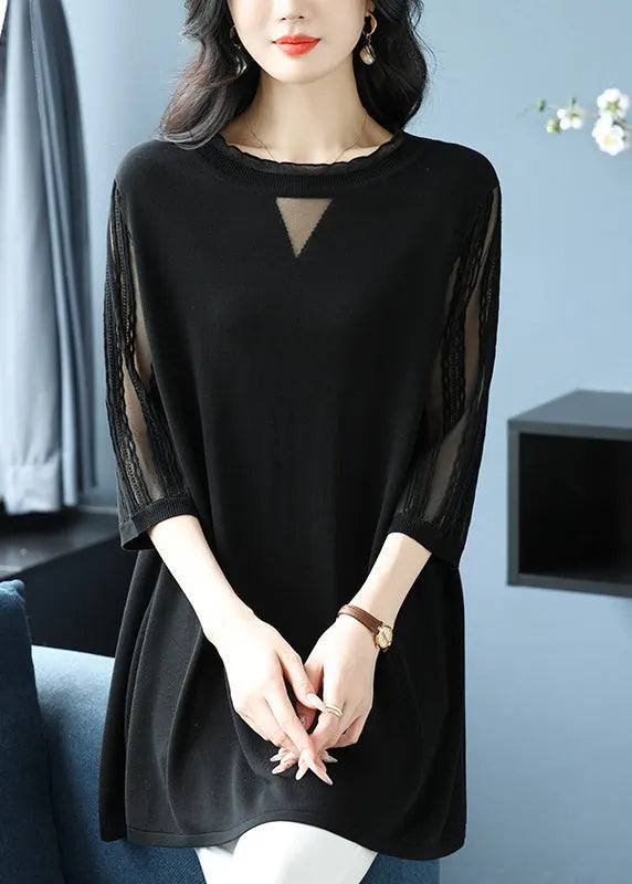 Green O Neck Patchwork Ice Silk Knitted Tops Half Sleeve