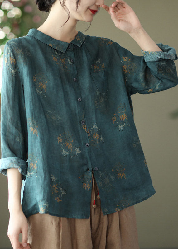 Retro Peacock Grey Peter Pan Collar Print Button Wrinkled Shirts Long Sleeve