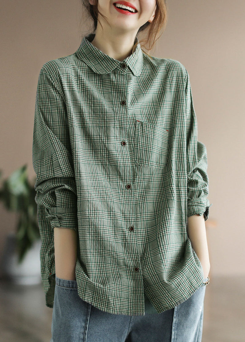 Green Button Peter Pan Collar Cotton Shirt Tops Long Sleeve