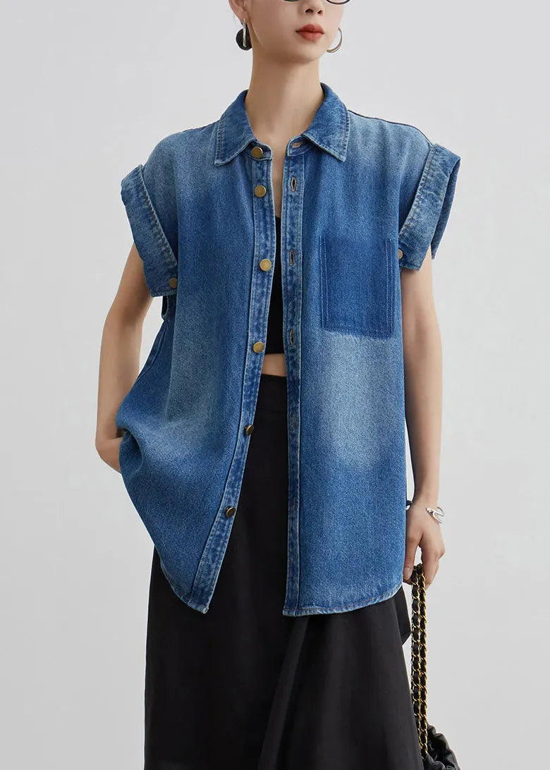 French Blue Peter Pan Collar Button Waistcoat Summer