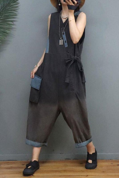 Denim Color Patchwork Patchwork Cinched Sleeveless Jumpsuits Dungarees