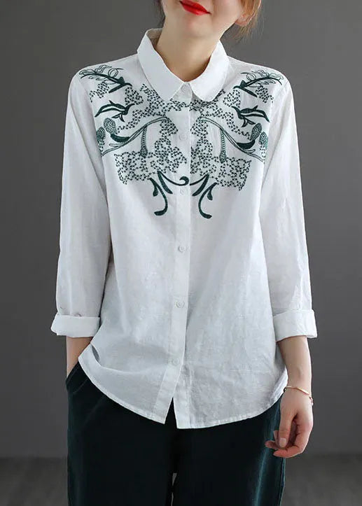 White Cotton Shirt Top Embroidered Oversized Long Sleeve
