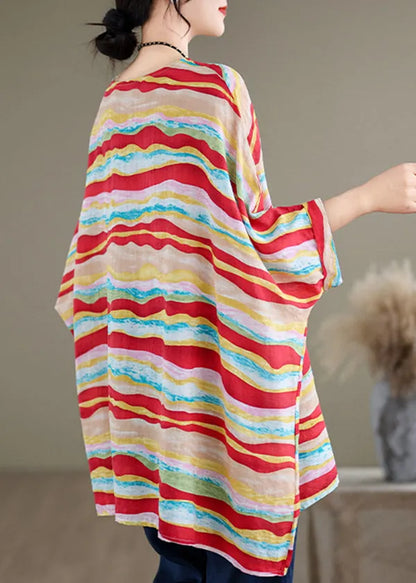 Red O Neck Striped Cotton Blouse Tops Batwing Sleeve