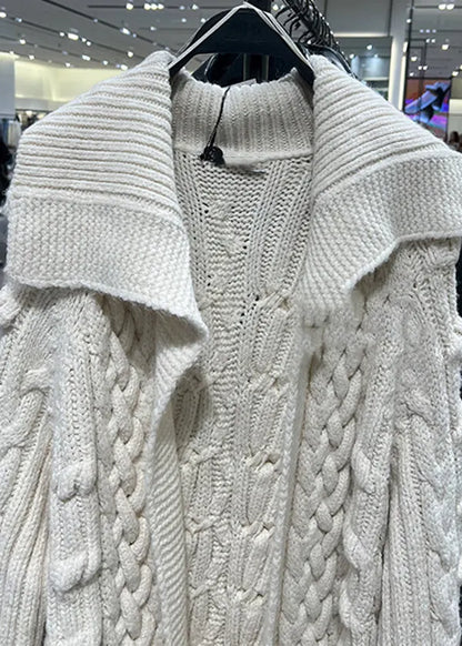 Stylish Beige Peter Pan Collar Cable Knit Cardigans Spring