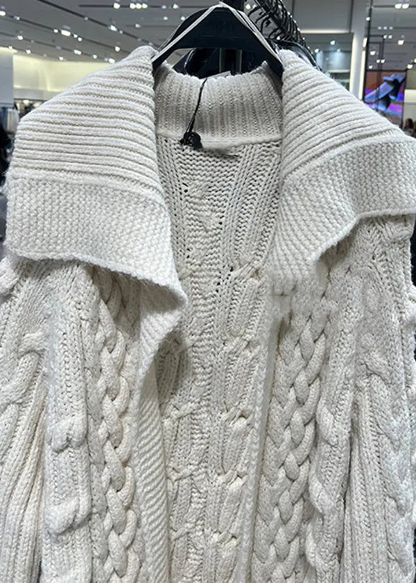 Stylish Beige Peter Pan Collar Cable Knit Cardigans Spring