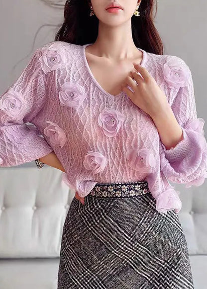 Purple V Neck Knit Sweater Lantern Sleeve