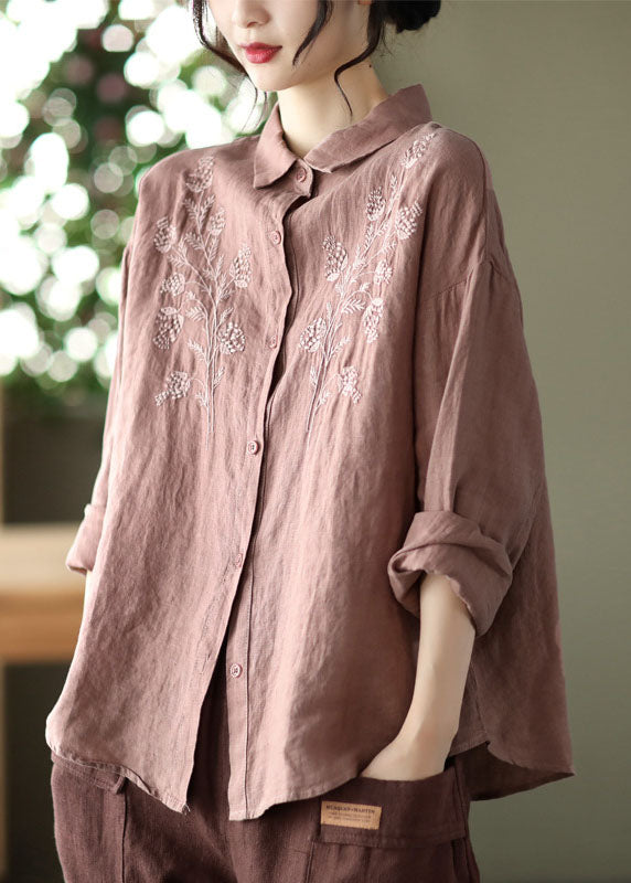 Simple Yellow Button Peter Pan Collar Embroidered Linen Blouse Top Long Sleeve