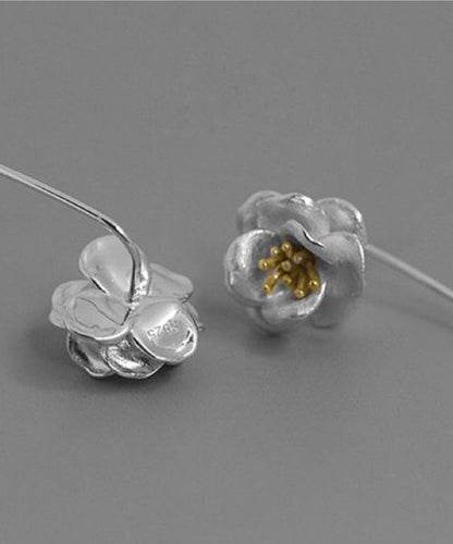 Brief Silk Sterling Silver Camellia Flower Tassel Drop Earrings