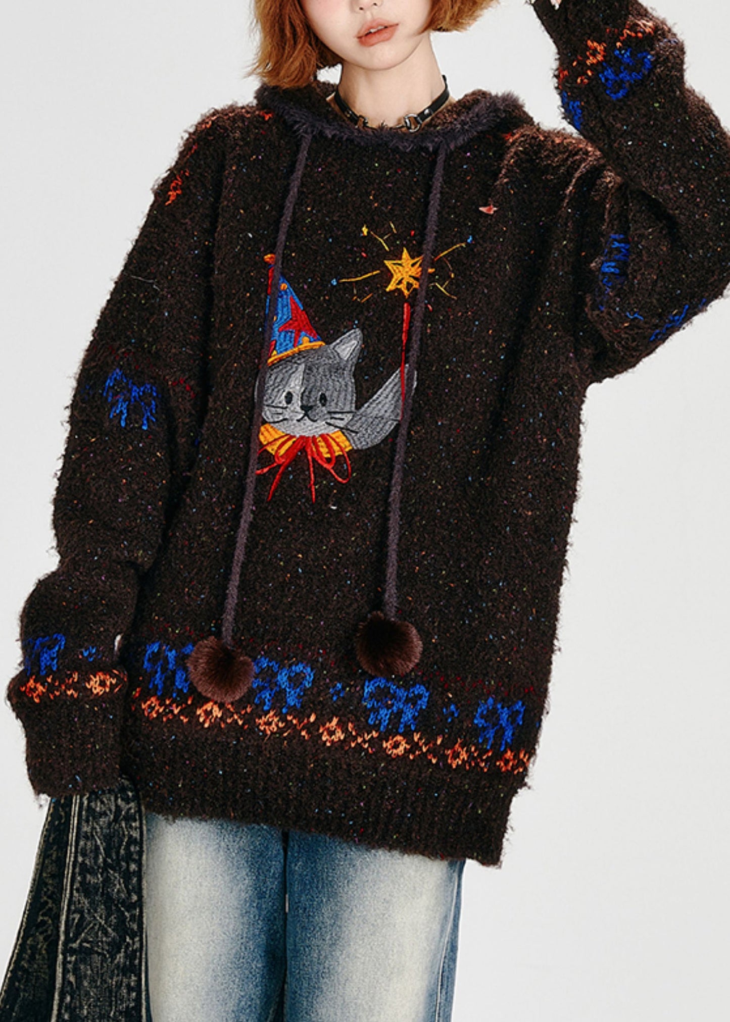 Choaolate Hooded Cat Embroidered Knit Loose Sweatshirt Winter