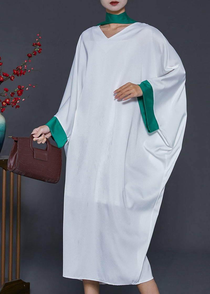White Oversized Patchwork Silk Dresses Batwing Sleeve