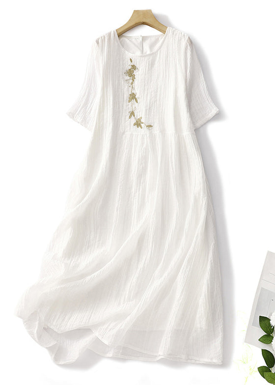 White Embroidered Linen Long Dresses Summer