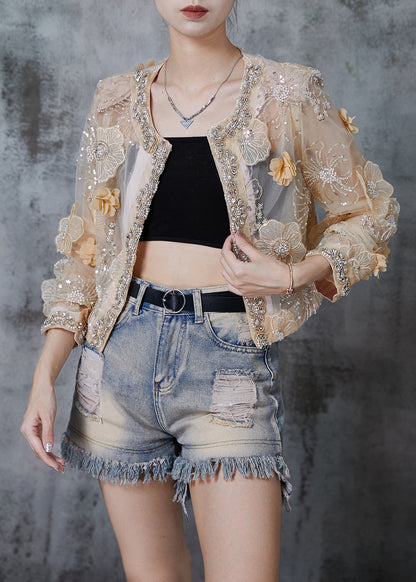 Apricot Organza Upf 50+ Cardigan Sequins Rhinestone Summer