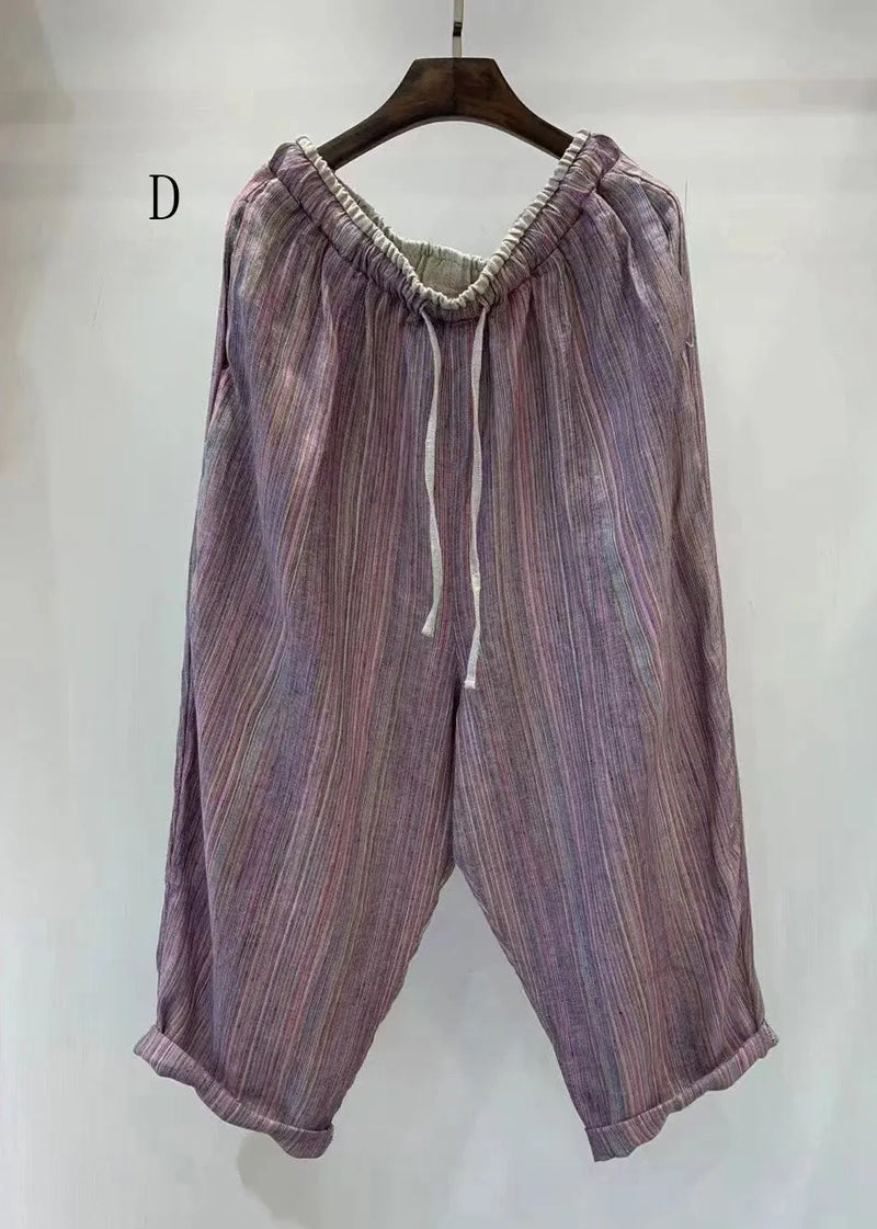Natural Striped Elastic Waist Lace Up Linen Pants Summer