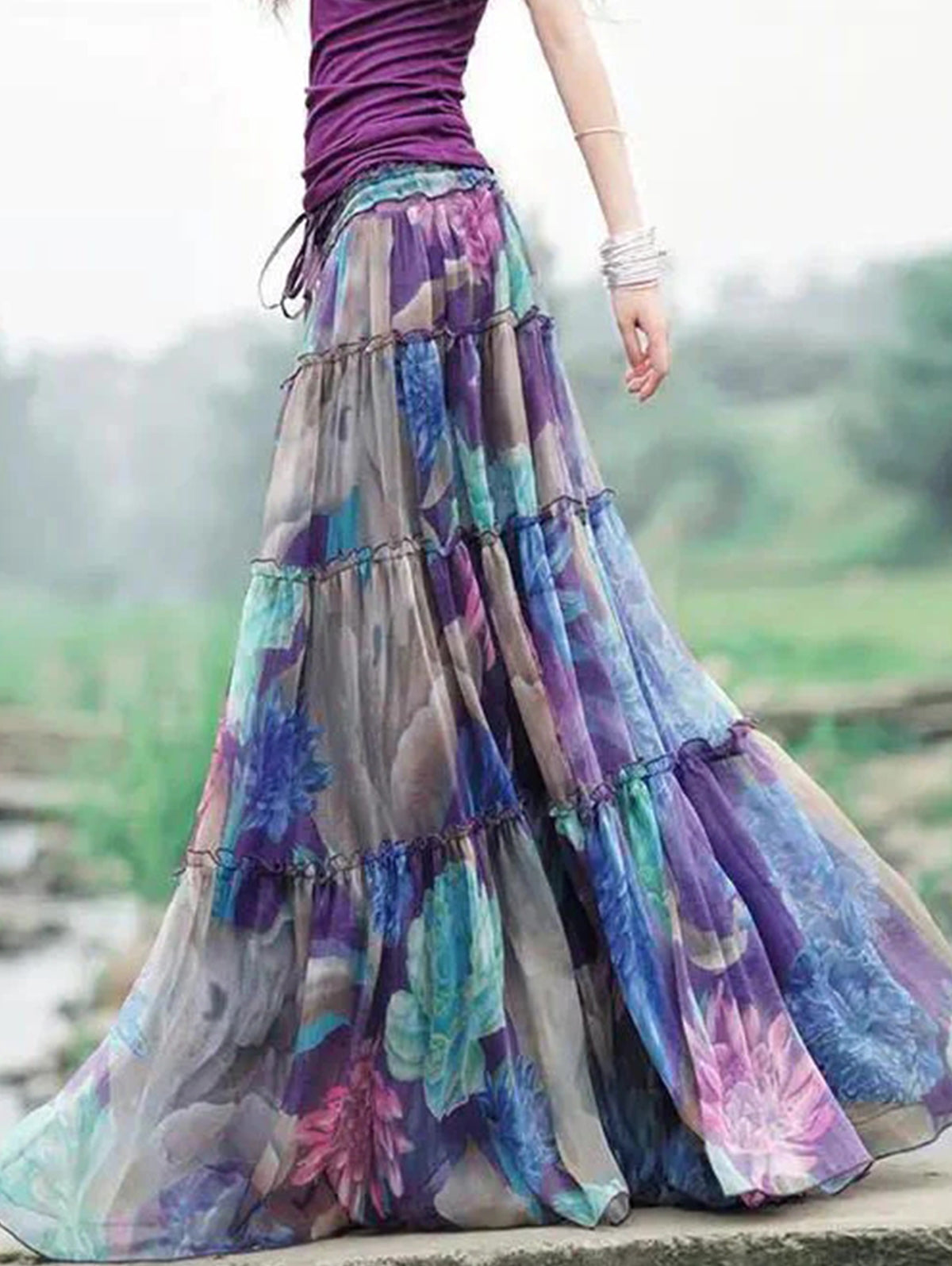 Print Drawstring Wrinkled Cotton Big Swing Maxi Skirt